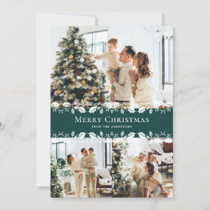 Tarjeta de navidad verde del Collage de fotos blan