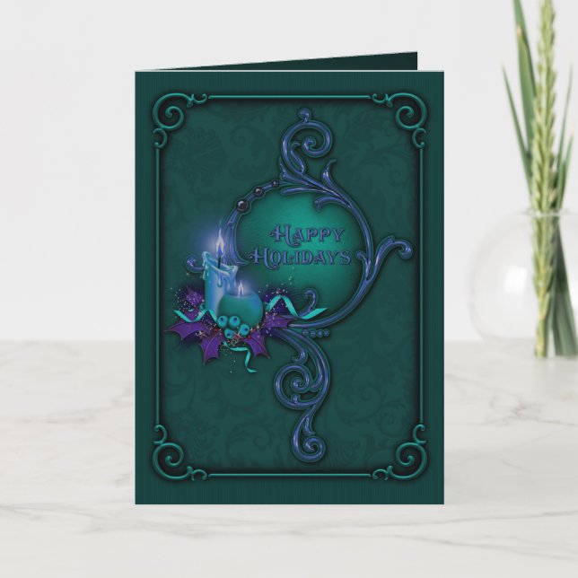 Tarjeta de Navidad verde y púrpura de la luz de (Anverso)