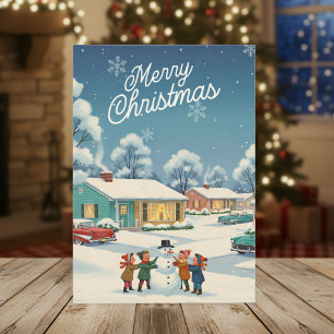 Tarjeta de Navidad Vintage 1950 – Niños y Muñeco d