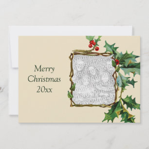 Tarjeta de Navidad Vintage, Acebo y Bayas Rojas