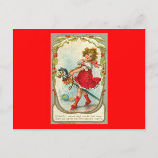 Tarjeta de navidad vintage Chica Toy Horse Postcar