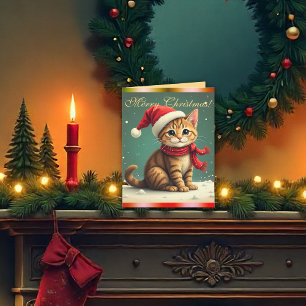 Tarjeta de Navidad vintage con gatito adorable de