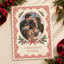 Tarjeta de Navidad vintage con lazo de encaje rojo