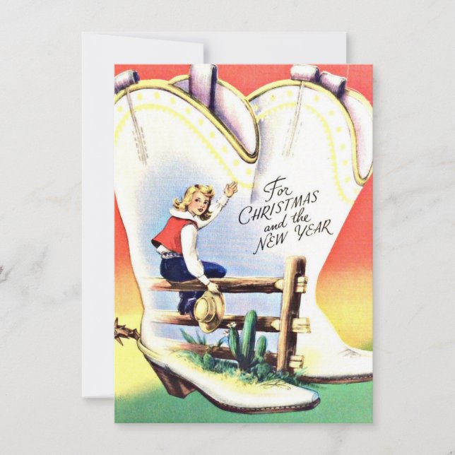 Tarjeta de Navidad Vintage de Cowgirl Occidental y (Anverso)