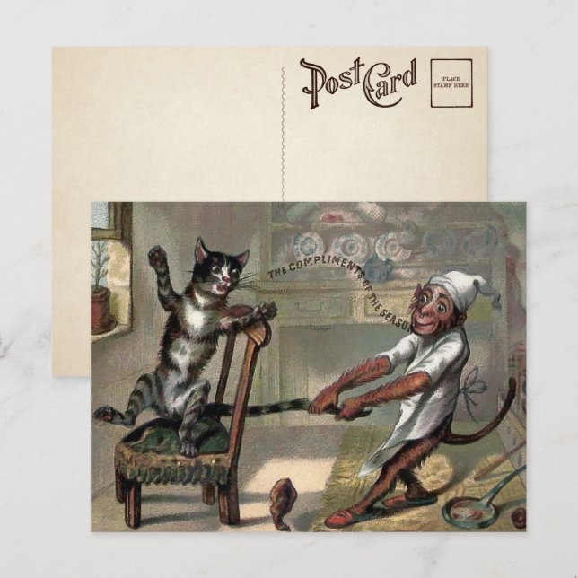 Tarjeta de Navidad vintage de gato y mono (Anverso / Reverso)