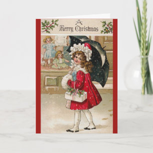 Tarjeta de Navidad vintage de niña con paraguas