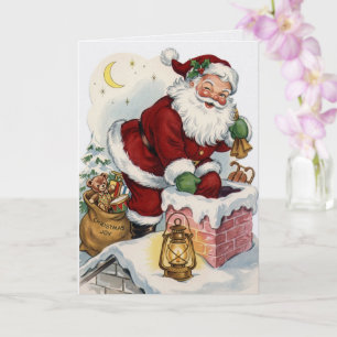 Tarjeta de Navidad vintage de Papá Noel en la chim