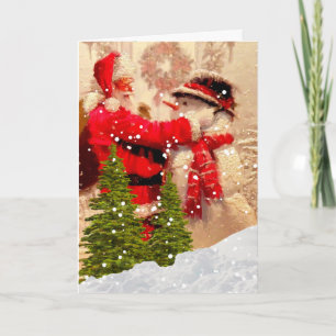 Tarjeta de Navidad vintage de Santa y muñeco de ni