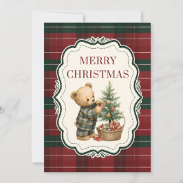 Tarjeta de Navidad Vintage de Tartán con Oso de Pe