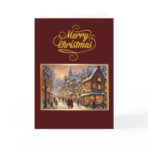 Tarjeta de Navidad Vintage Feliz con Pueblo Nevado