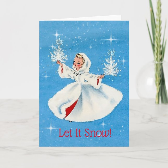 Tarjeta de Navidad Vintage Girl Let It Snow (Anverso)