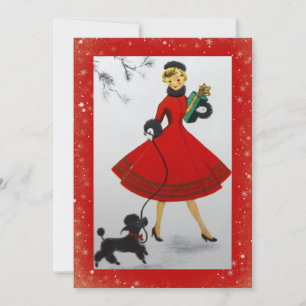 Tarjeta de Navidad Vintage Mujer Perro Rojo Dorado