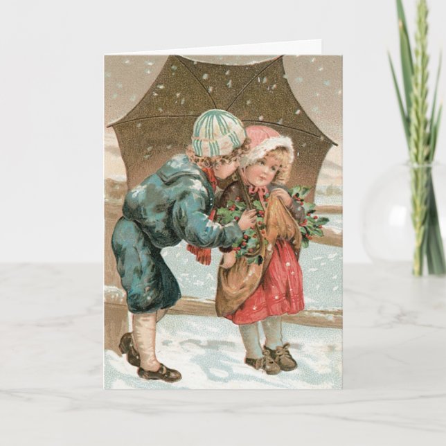 Tarjeta de Navidad Vintage Niños Adorables (Anverso)