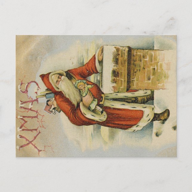Tarjeta de Navidad vintage, Papá Noel, Chimenea (Anverso)