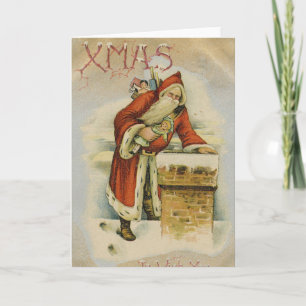Tarjeta de Navidad vintage, Papá Noel, Chimenea