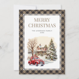 Tarjeta de Navidad Vintage Plaid Red Truck Snow Me
