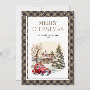 Tarjeta de Navidad Vintage Plaid Red Truck Snow Me