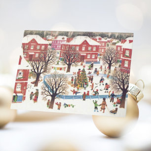Tarjeta de Navidad Vintage Pueblo Nevado Retro