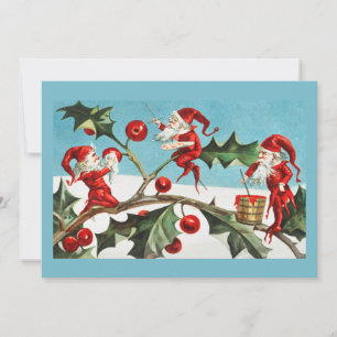 Tarjeta de Navidad Vintage Retro Acebo y Duendes