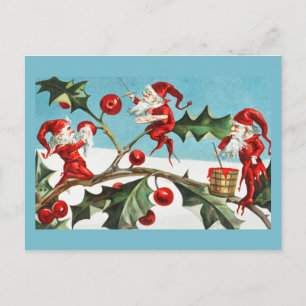 Tarjeta de Navidad Vintage Retro Acebo y Duendes