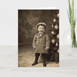 Tarjeta de Navidad Vintage Sepia Retro Niño Árbol