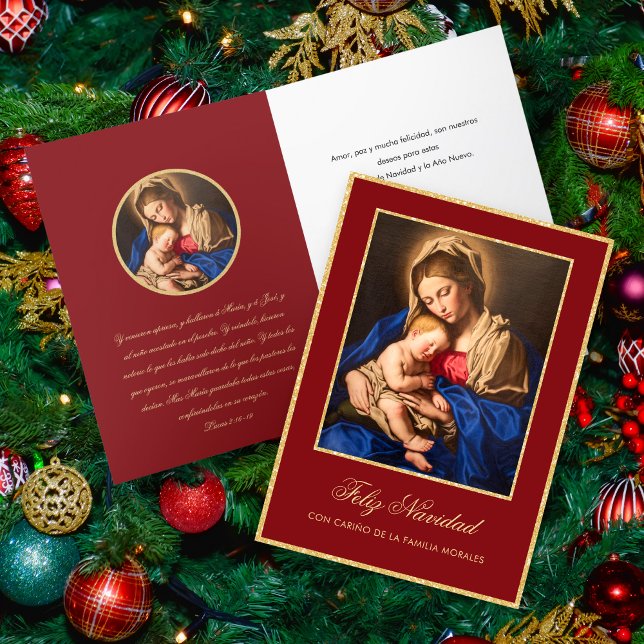 Tarjeta de Navidad Virgen María y Jesús Navidades (Tarjeta navideña religiosa roja y dorada en español con la Virgen y el Niño)