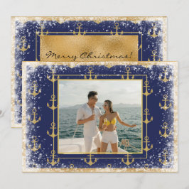 Tarjeta de Navidad Xmas de oro azul marino fotográ
