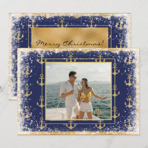 Tarjeta de Navidad Xmas de oro azul marino fotográ
