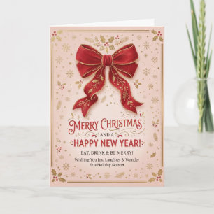 Tarjeta de Navidad y Año Nuevo con lazo rosa y roj