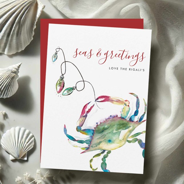 Tarjeta de Navidades acuáticos Blue Crab Beach (Beach holiday cards watercolor blue crab art by Victoria Grigaliunas Do Tell A Belle)