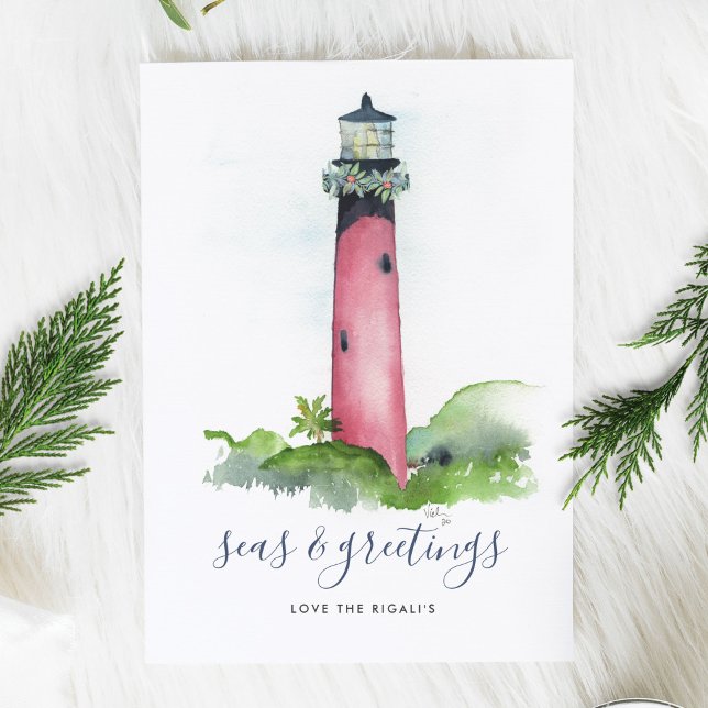 Tarjeta de Navidades acuáticos de playa del faro d (Beach Christmas Card Watercolor Lighthouse )