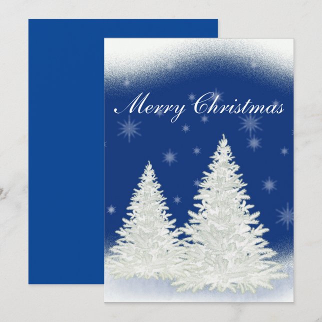 Tarjeta de Navidades azules con árbol blanco. (Anverso / Reverso)