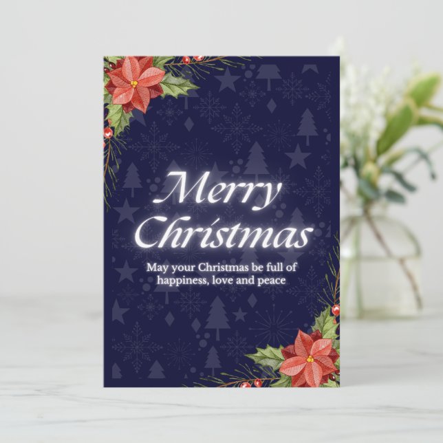 Tarjeta de Navidades azules festivos con Poinsetti (Anverso de pie)
