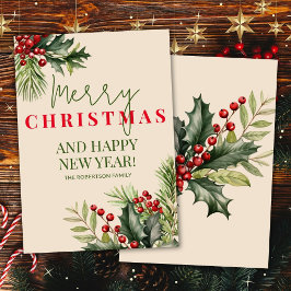 Tarjeta de Navidades beige Holly y Pine Red Berrie