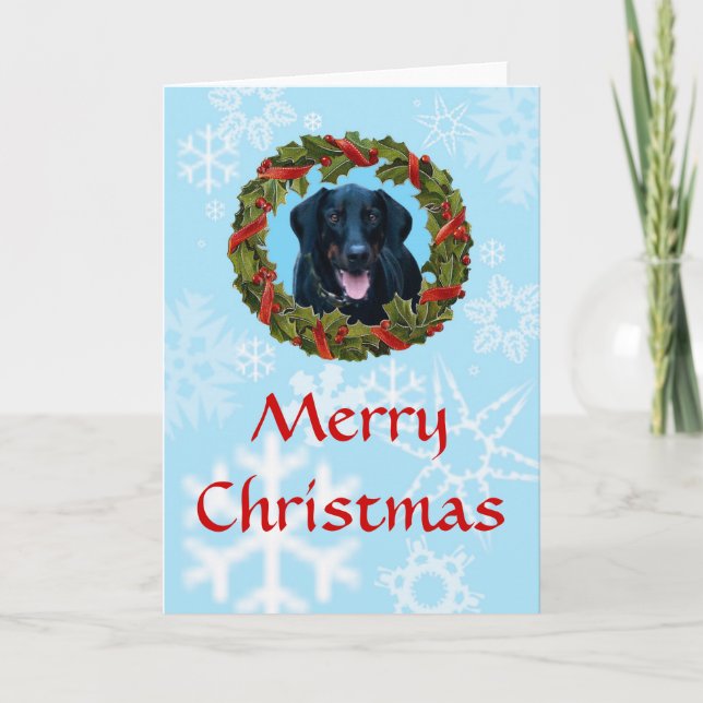 Tarjeta de Navidades Black Doberman con flores y n (Anverso)