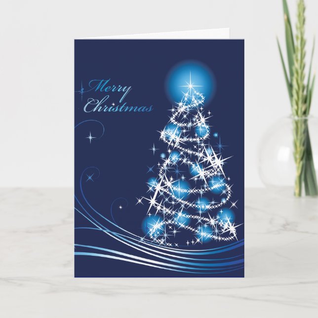 Tarjeta de Navidades Blue Swirls Christmas Tree (Anverso)