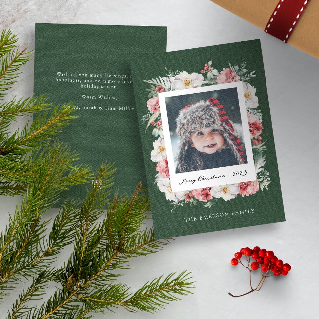 Tarjeta de Navidades botánicos de foto verde (Red Merry Christmas Photo Holiday Card with Elegant Watercolor Botanical Florals Berries)