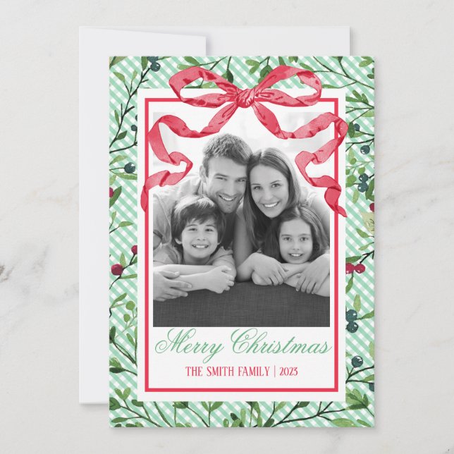 Tarjeta de Navidades botánicos Gingham Bow (Anverso)