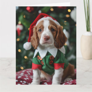 Tarjeta de Navidades Brittany Spaniel Elf Puppy