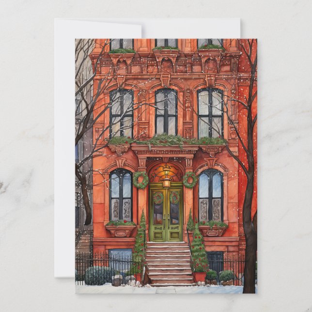 Tarjeta de Navidades Brownstone de la ciudad de Nu (Anverso)
