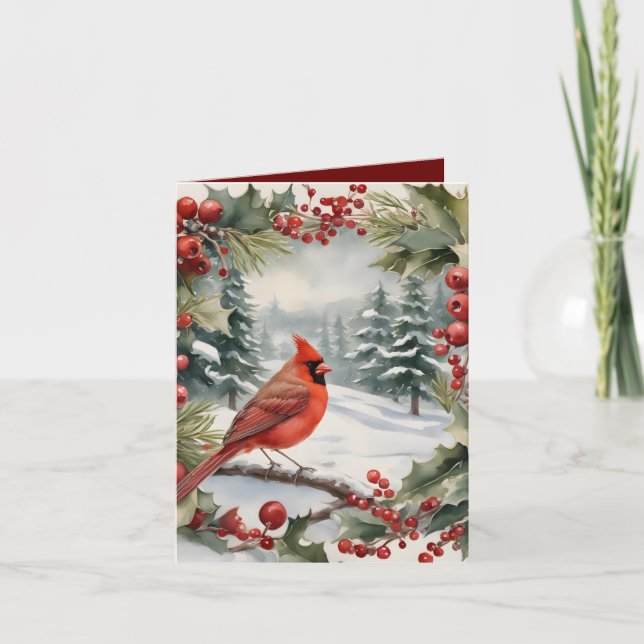 Tarjeta de Navidades Cardinal and Holly Holiday (Anverso)