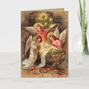 Tarjeta de navidades con ángulos viendo al Niño Je