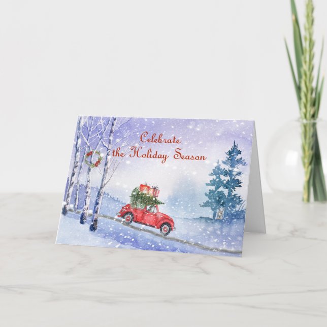 Tarjeta de navidades con auto antiguo (Anverso)