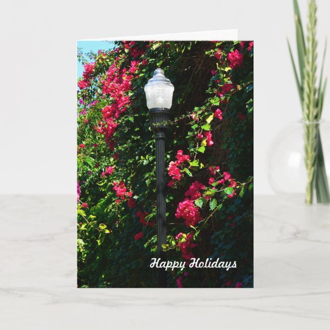 Tarjeta de navidades con lámpara de calle y flores (Anverso)