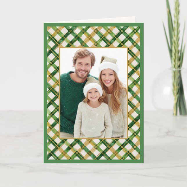 Tarjeta de Navidades con placa de fotografía verde (Anverso)