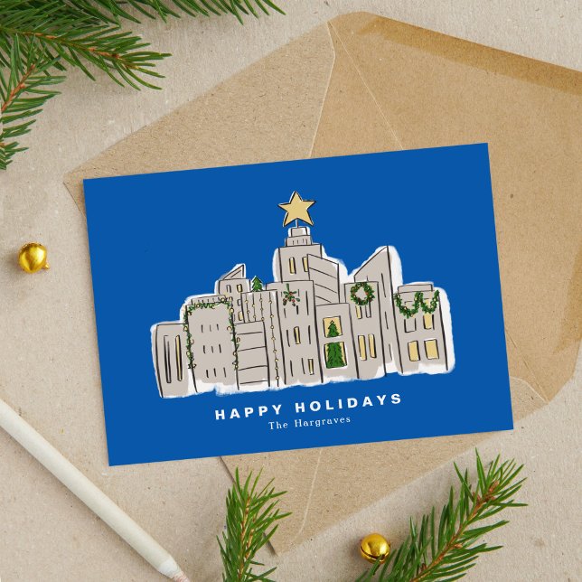 Tarjeta de Navidades corporativos Blue City Skylin (Blue City Skyline Illustration Corporate Christmas Card)