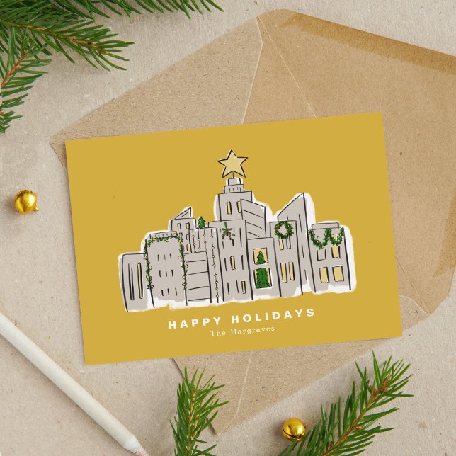 Tarjeta de Navidades corporativos de la línea aére (Yellow City Skyline Illustration Corporate Christmas Card)