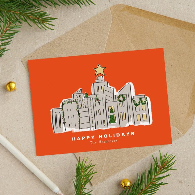 Tarjeta de Navidades Corporativos de Red City Skyl (Red City Skyline Illustration Corporate Christmas Card)