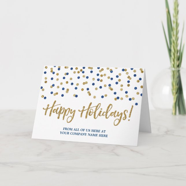 Tarjeta de Navidades corporativos Gold Blue Confet (Anverso)