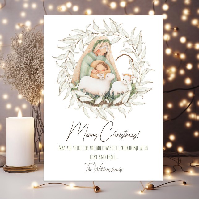 Tarjeta de Navidades cortos con la foto de atrás (Cute pastel Christmas card with baby Jesus and Mary. Your photo on the back side)